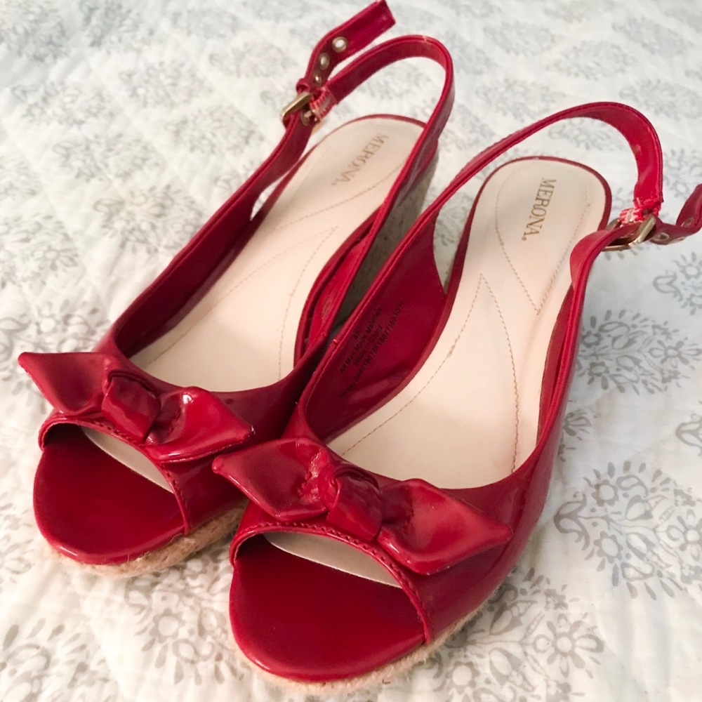Merona patent leather red wedge strap heels